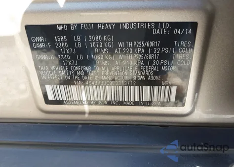 2014 Subaru Outback 2.5I Premium z USA, uszkodzony, nr VIN 4S4BRBDC9E3313712